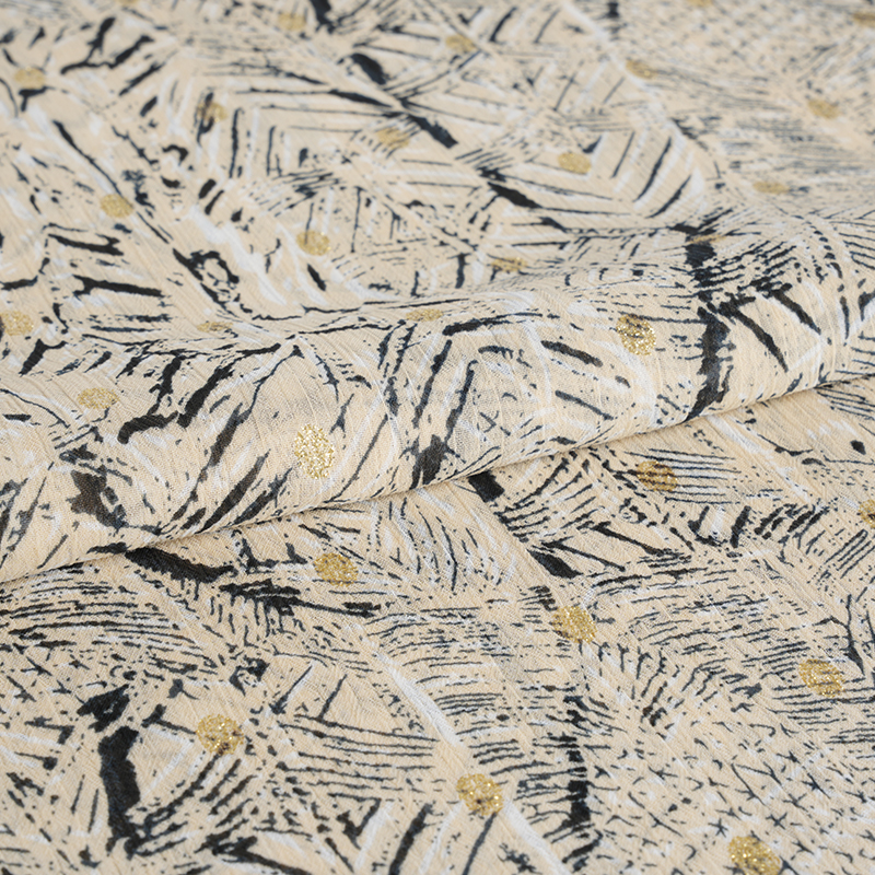 75D-Chiffon-Kreppstoff mit unregelmäßigem, goldfarbenem, gesponnenem Druck